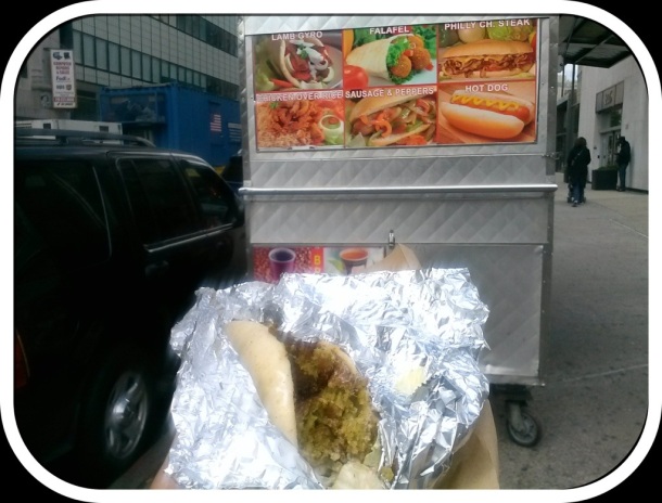 lunch from falafel cart on corner in the city of Brooklyn, NYC